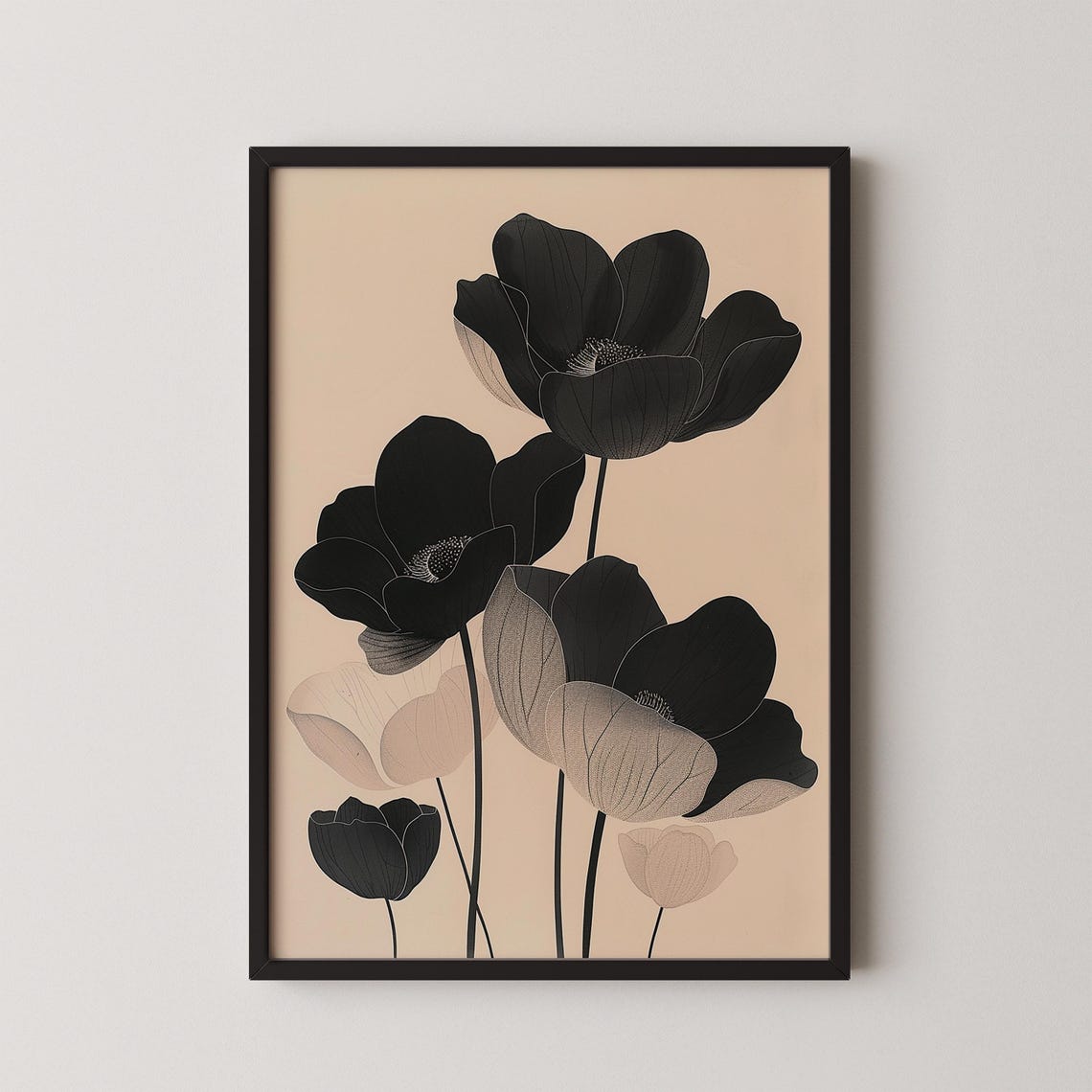 Black Peony Floral Botanical Minimalist Blush Vintage Wall Art