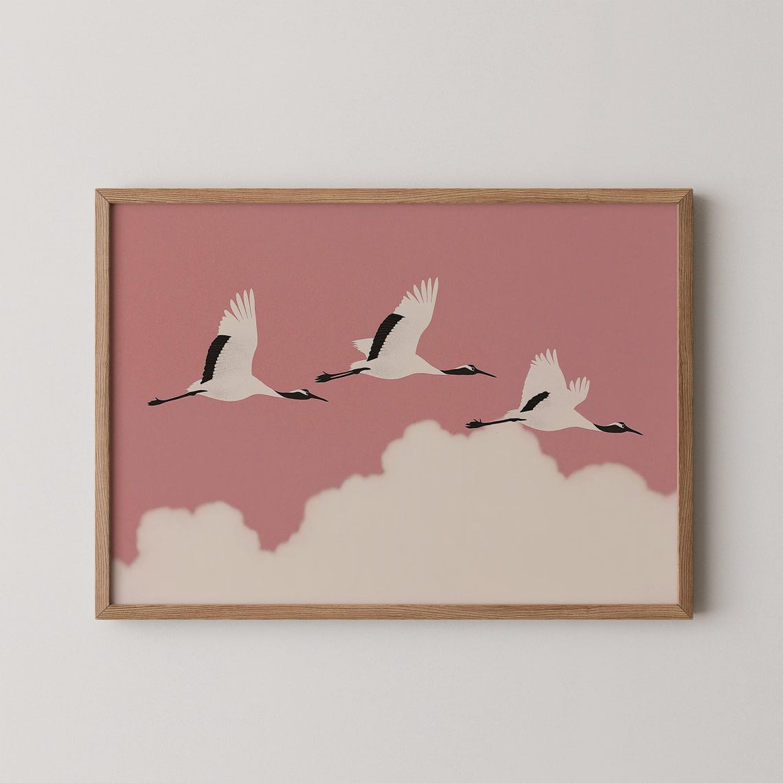 Three Japanese Cranes Flying Pink Sky Minimalist Bird Wall Art
