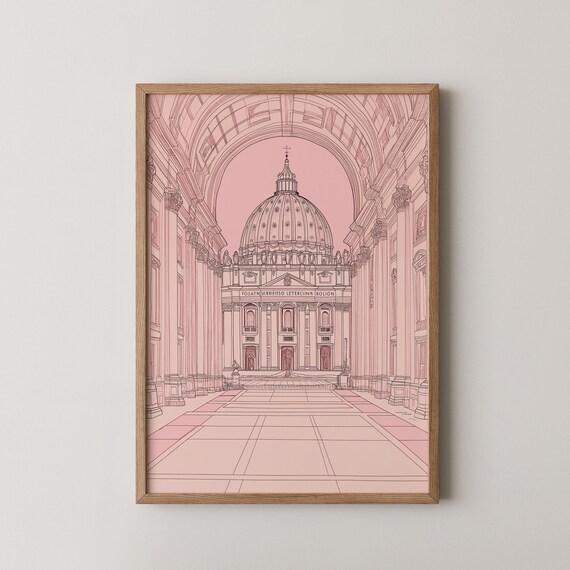 Saint Peters Basilica Dome Blush Pink Line Drawing Vatican Art Poster