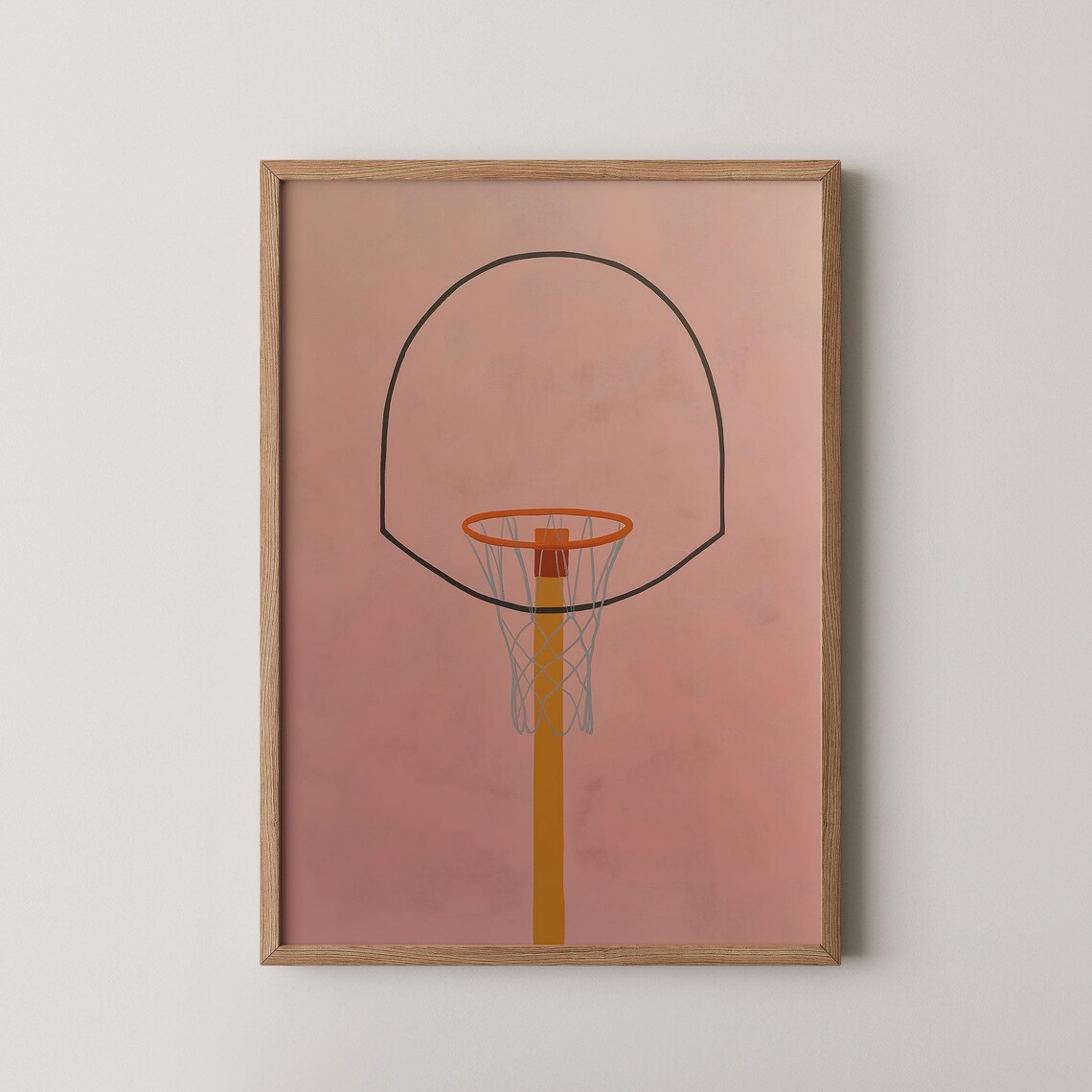 Minimalist Basketball Hoop Art Print with Orange Rim on Pink Background