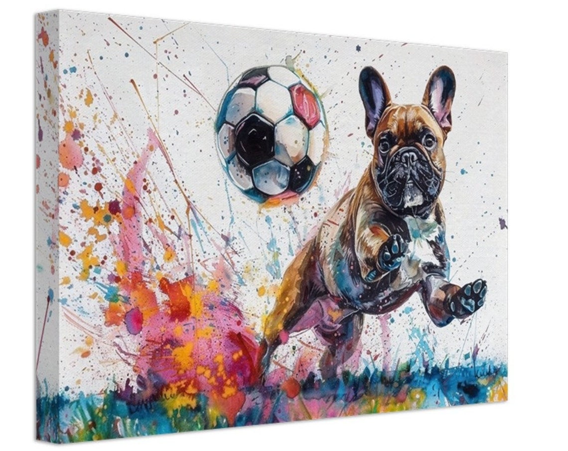 French Bulldog Soccer Header Leap Paint Splash Action Dog Poster