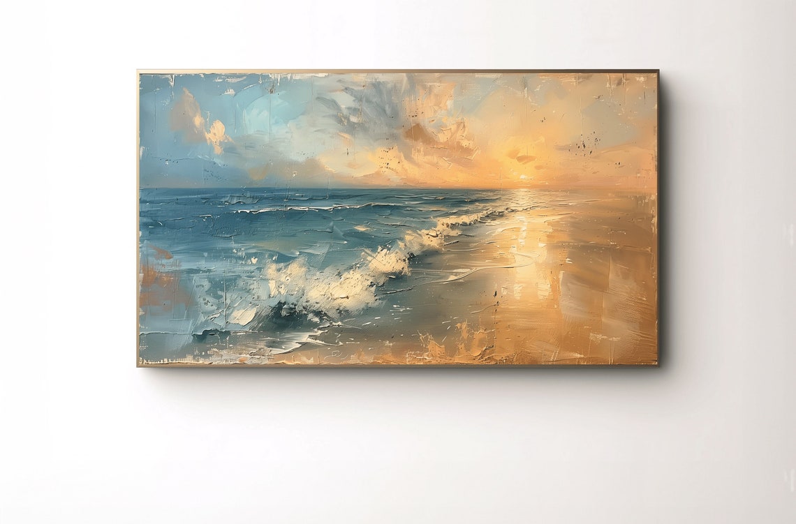 Ocean Sunset Waves Golden Impressionist Coastal Beach Wall Art