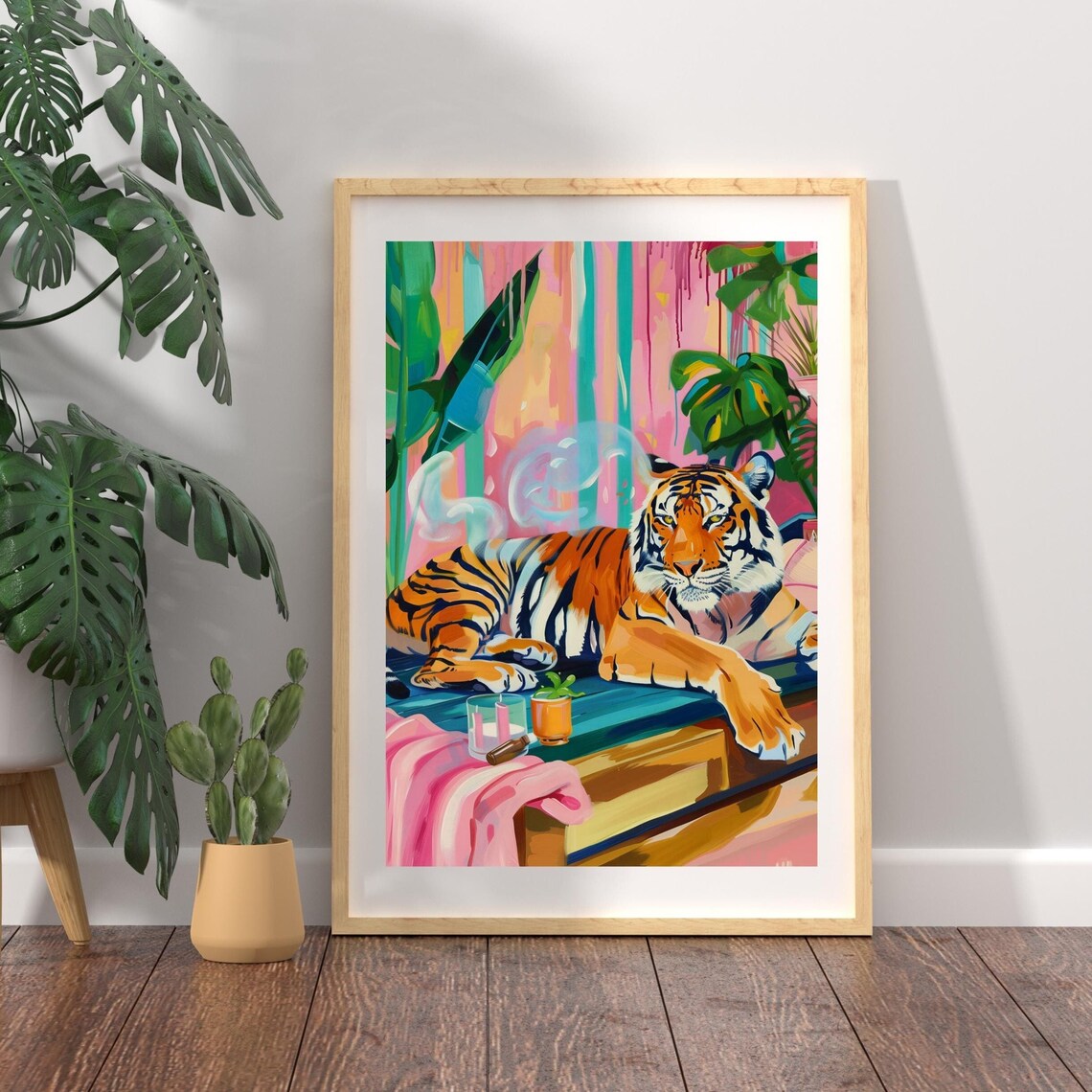 Tiger Lounging on a Pink Bathroom Counter With Candles Poster - Image 2