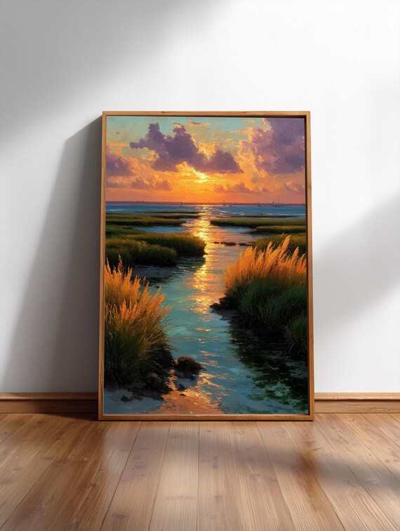 Sunset Coastal Marsh Landscape Oil Painting Golden Wetland Waters Art Print