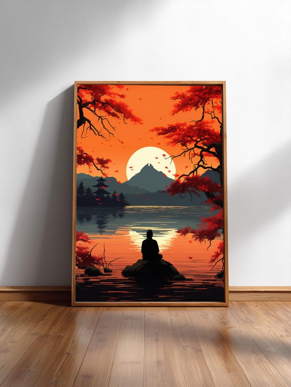 Ukiyoe Meditation Print, Silhouette Sunset Mountain