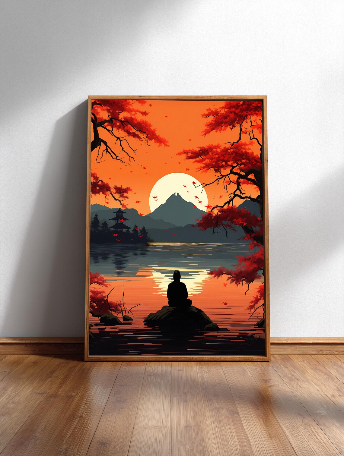 Ukiyoe Meditation Print, Silhouette Sunset Mountain