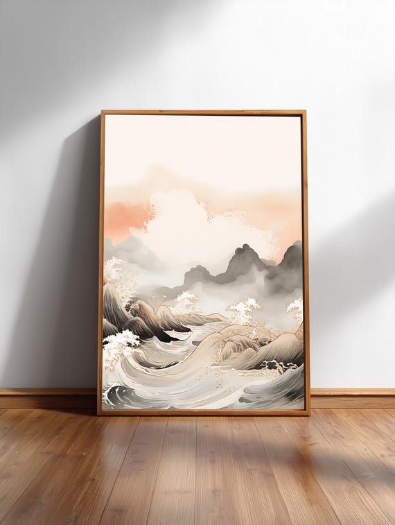 Japandi Coastal Abstract Neutral Ocean Landscape Wall Art