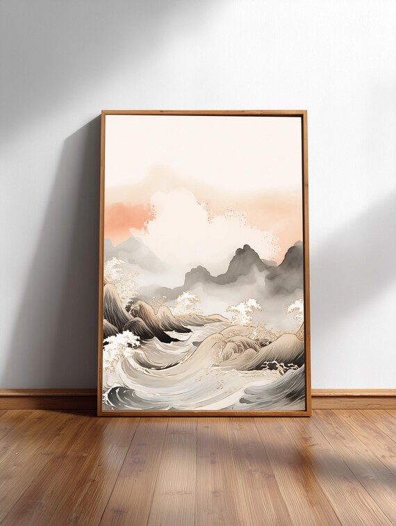 Japanese Great Wave Ocean Mountains Ink Painting Style Wall Poster