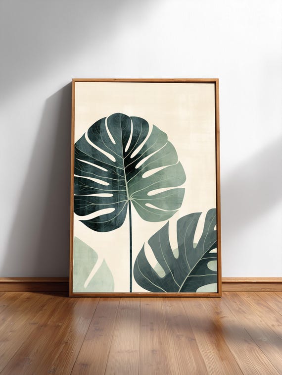 Sage Green Monstera Japandi Botanical Wall Art