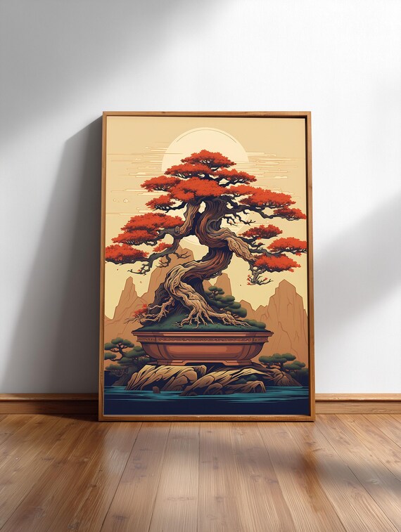 Bonsai Art Print Ukiyoe Style Zen Garden Tranquil Nature