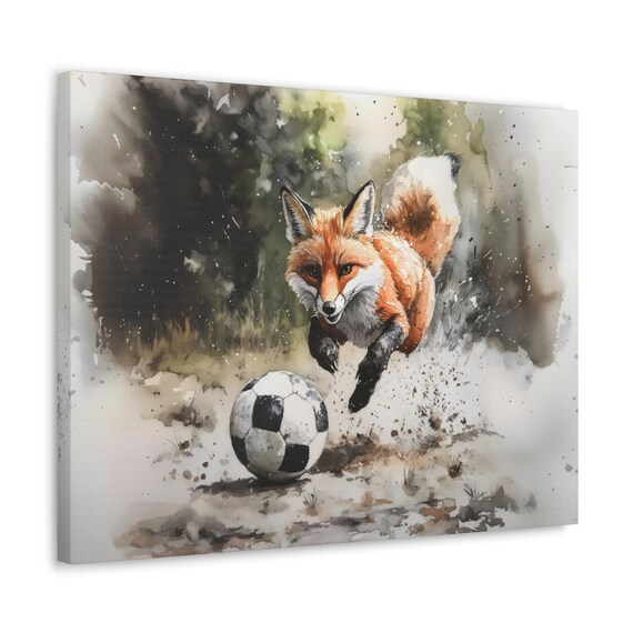 Fox Chasing Soccer Ball Watercolor Action Playful Wildlife Sports Poster