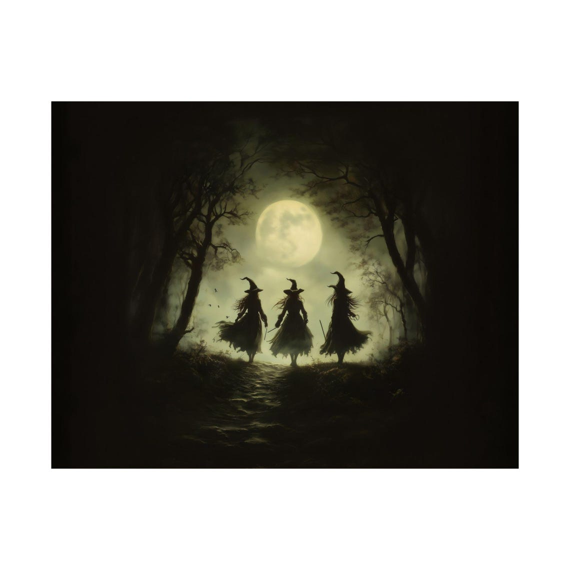 Three Witches Moonlit Forest Path Full Moon Halloween Night Poster - Image 4