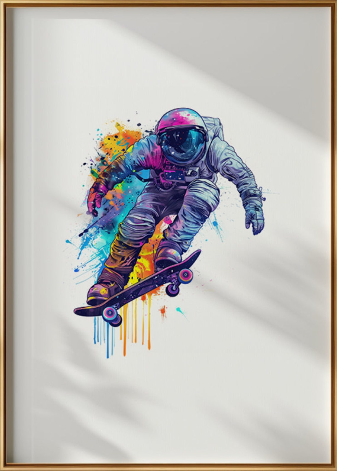 Astronaut Skateboarding In Watercolor With Neon Paint Drips Poster - Image 3