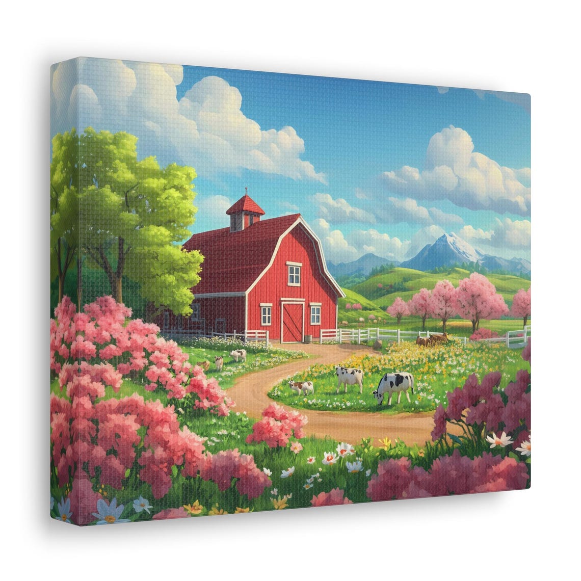 Spring Countryside Red Barn Cows Pink Blossom Nature Wall Art - Image 3