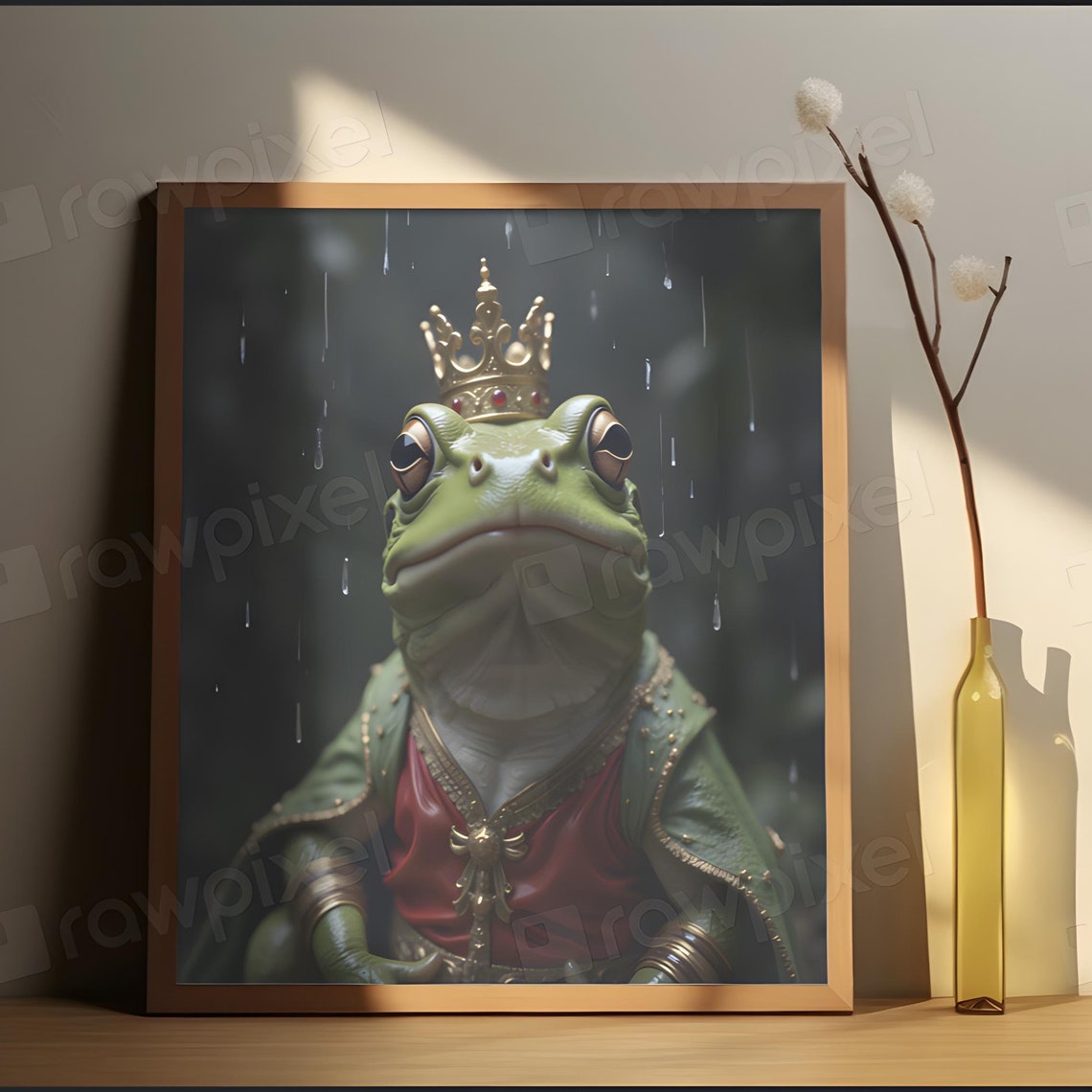 Regal Frog King Wearing a Golden Crown Standing in the Rain Poster