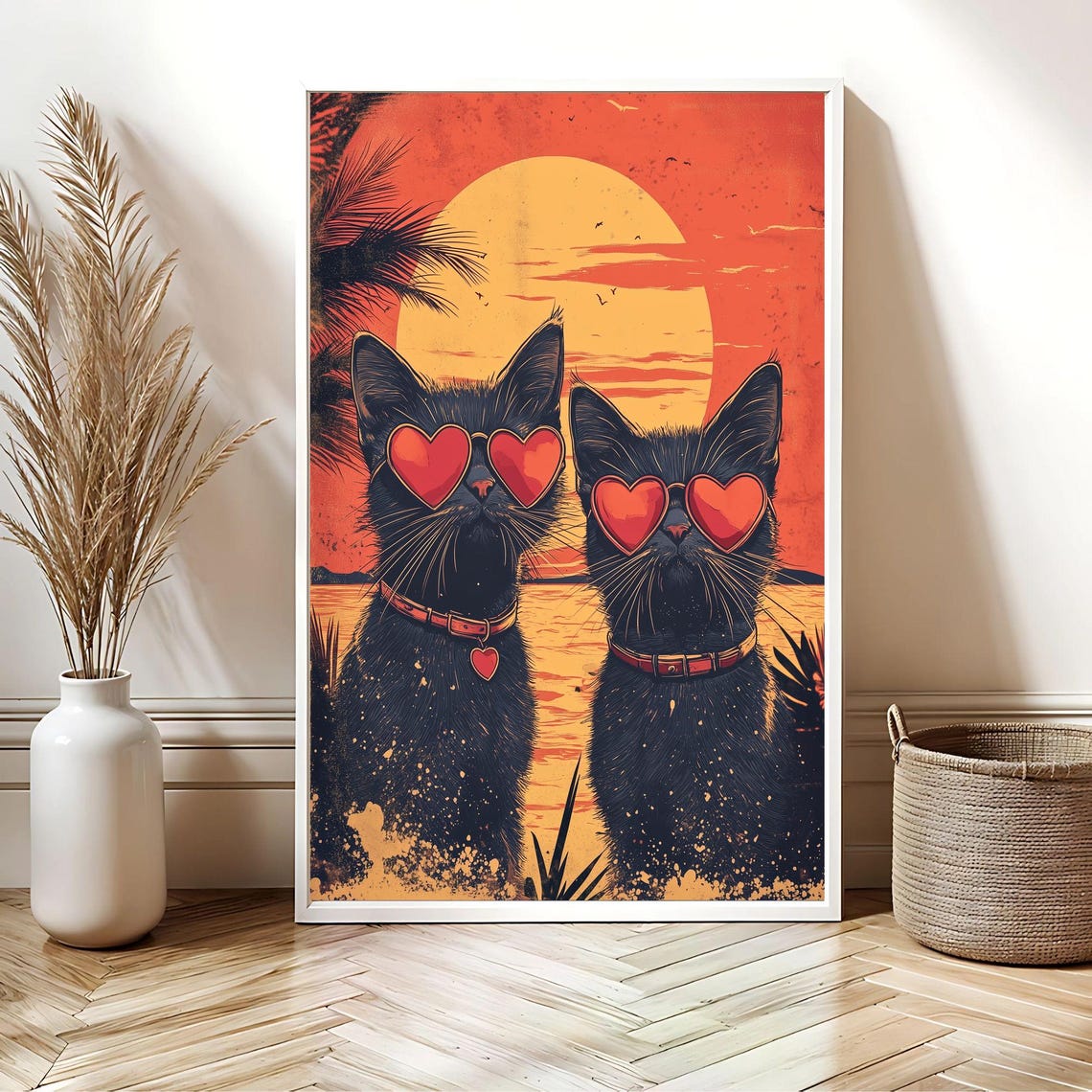 Black Cat Couple in Heart Sunglasses Sunset Beach Love Poster - Image 2