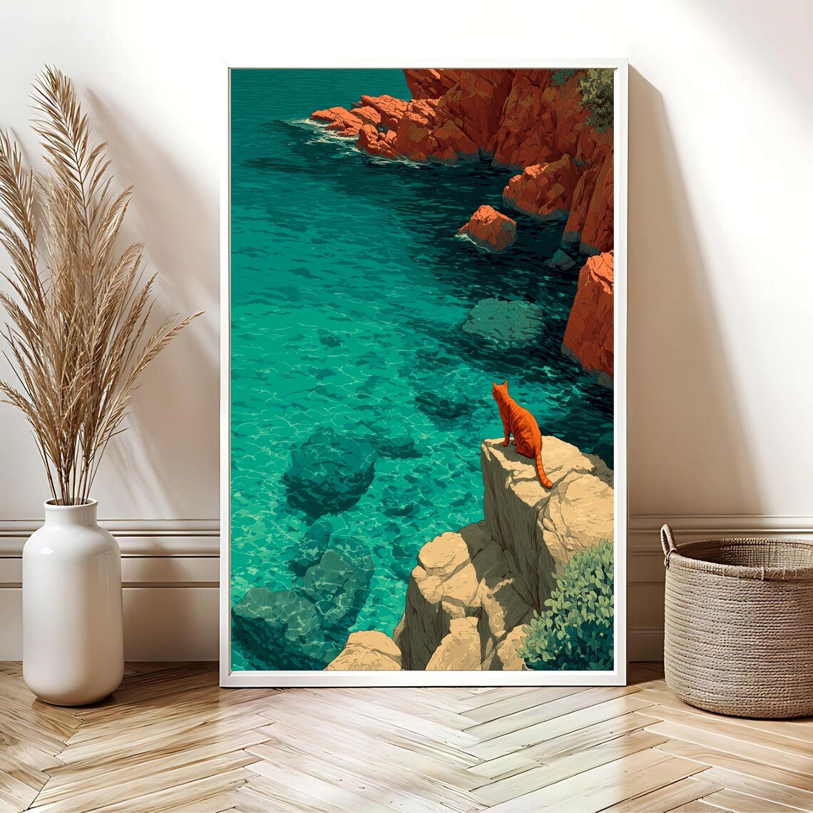 Orange Cat Sitting on Cliff Above Turquoise Sea Coastal Cat Poster - Image 2