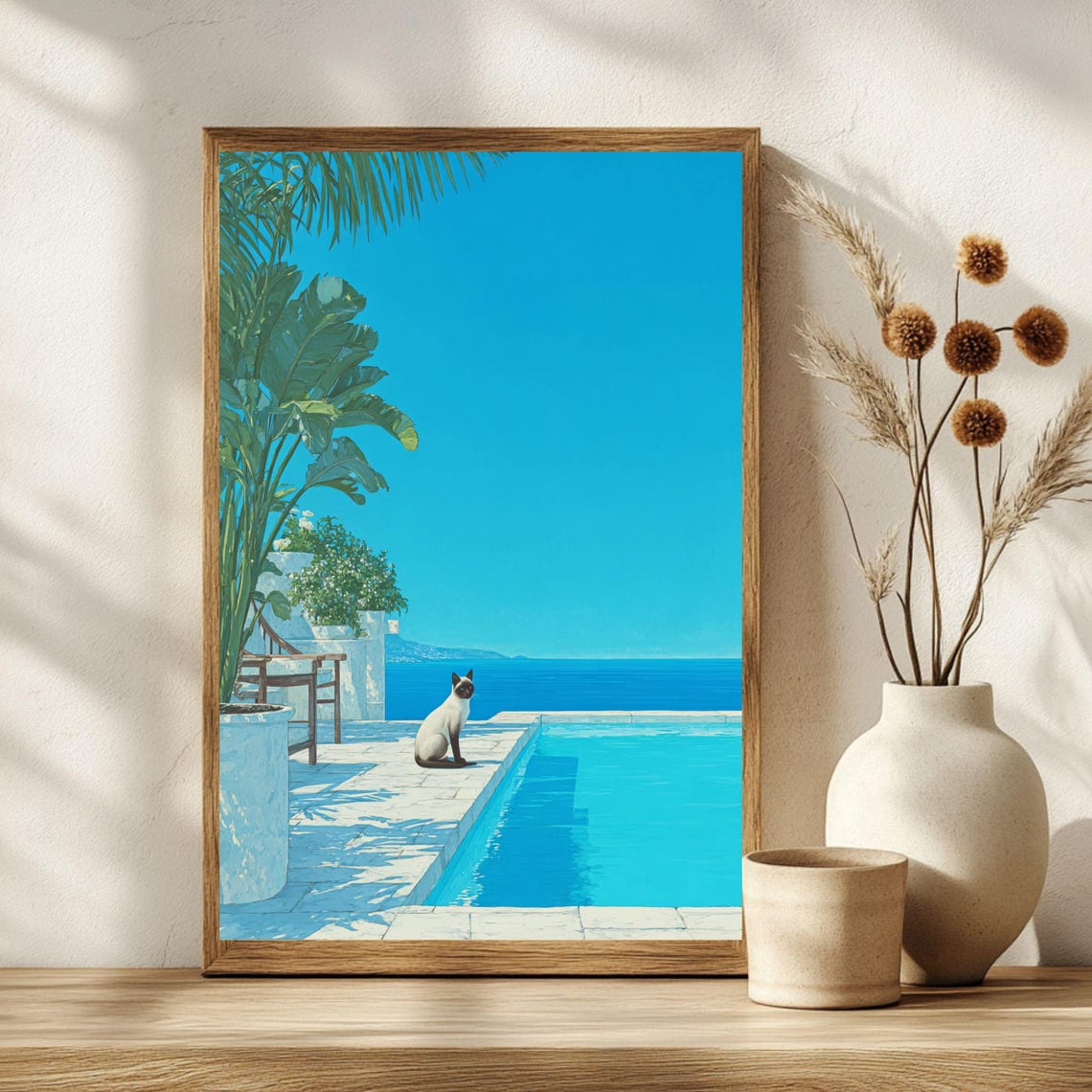 Mediterranean Luxury Villa Siamese Cat Infinity Pool Sea Poster