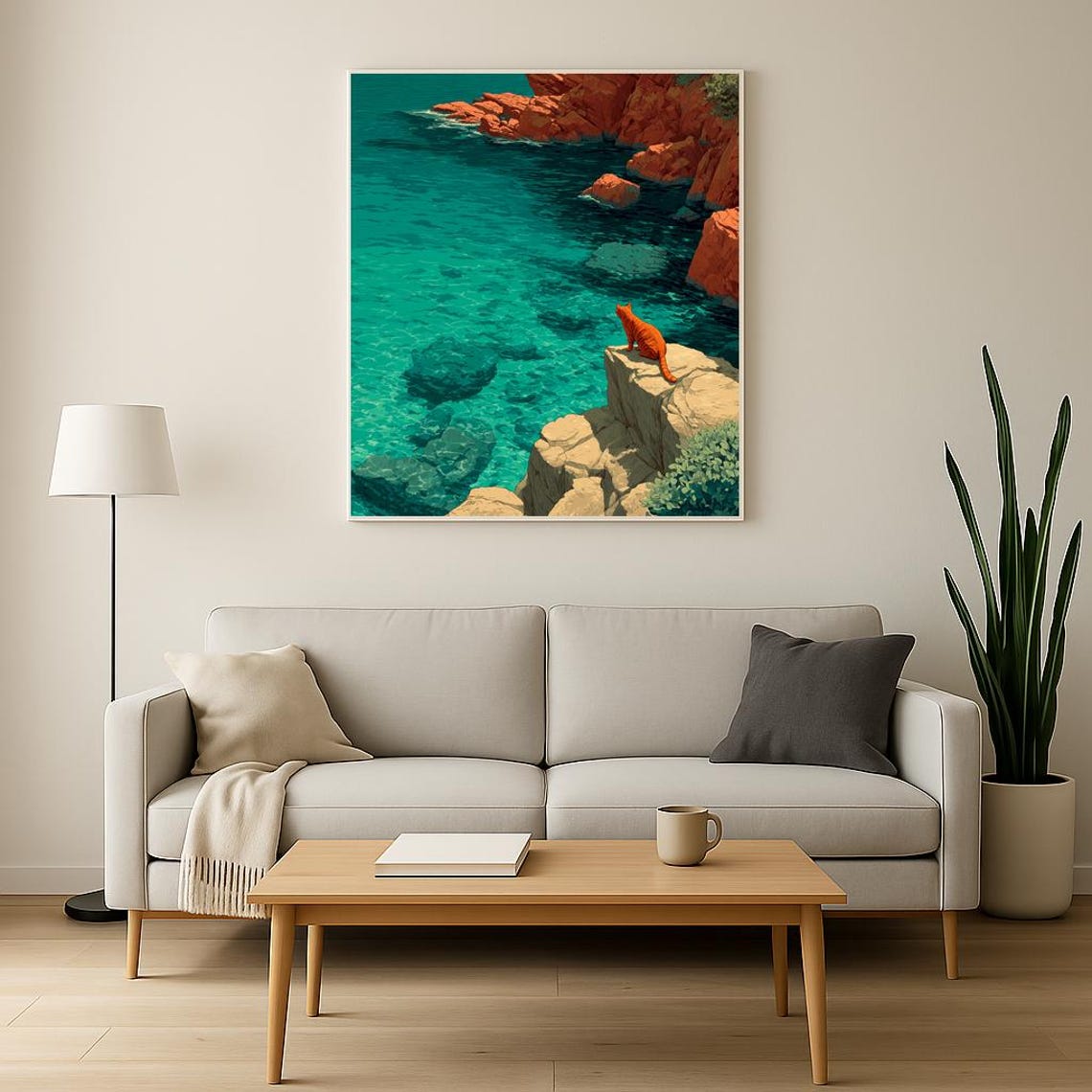 Orange Cat Sitting on Cliff Above Turquoise Sea Coastal Cat Poster - Image 4