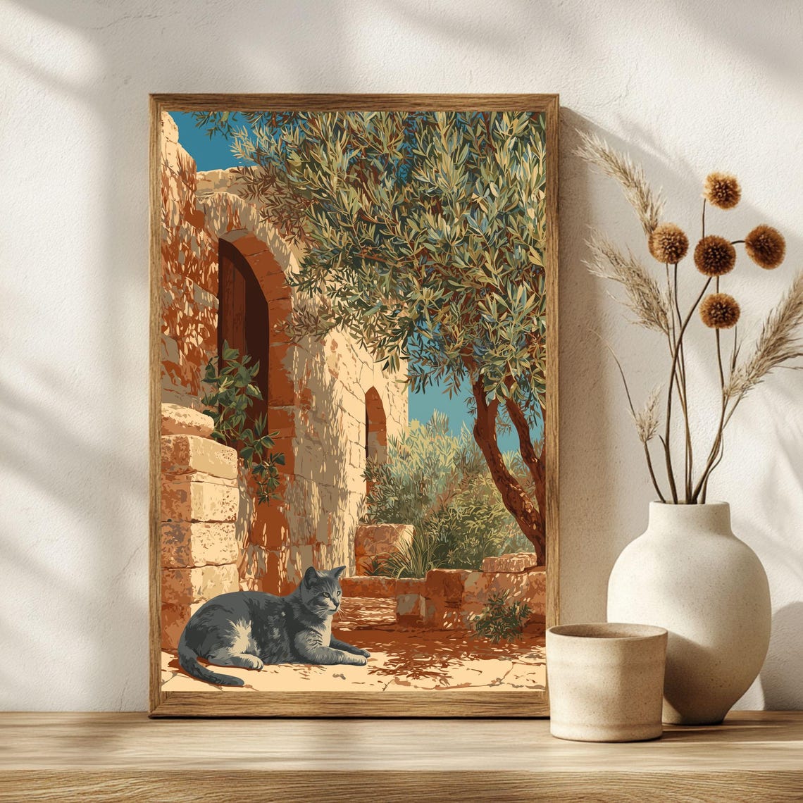 Grey Tabby Cat Mediterranean Stone Courtyard Olive Tree Art Poster
