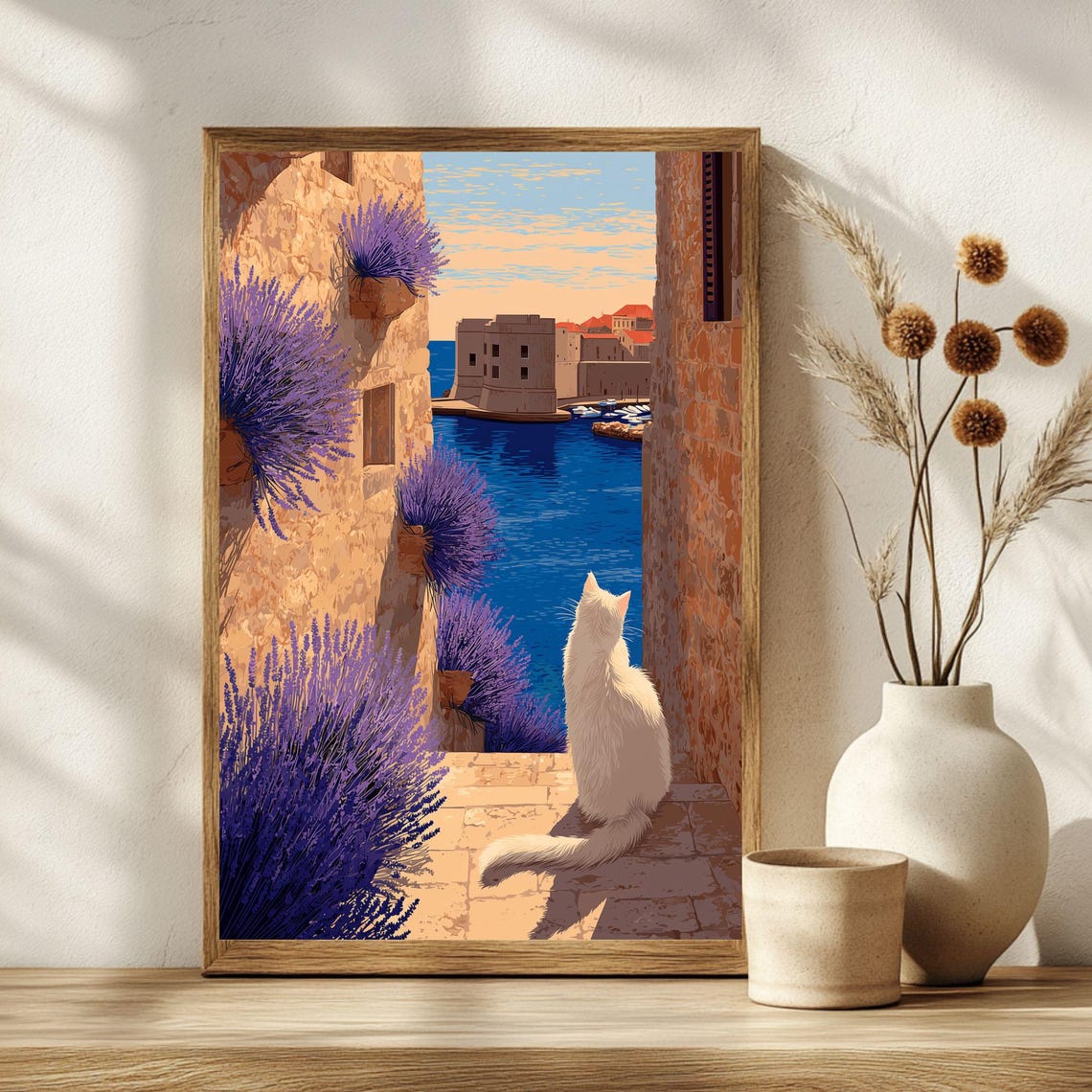 White Cat Harbor View Mediterranean Walled City Lavender Poster