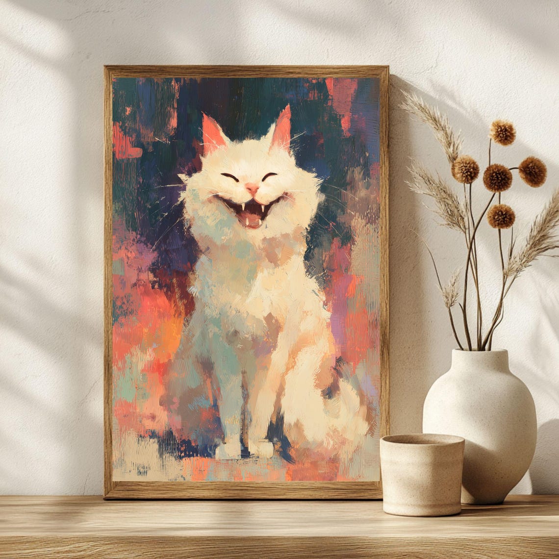 Laughing White Cat Art Print Pet Lover Cute Poster Owner Gift Funny Home Decor Meme