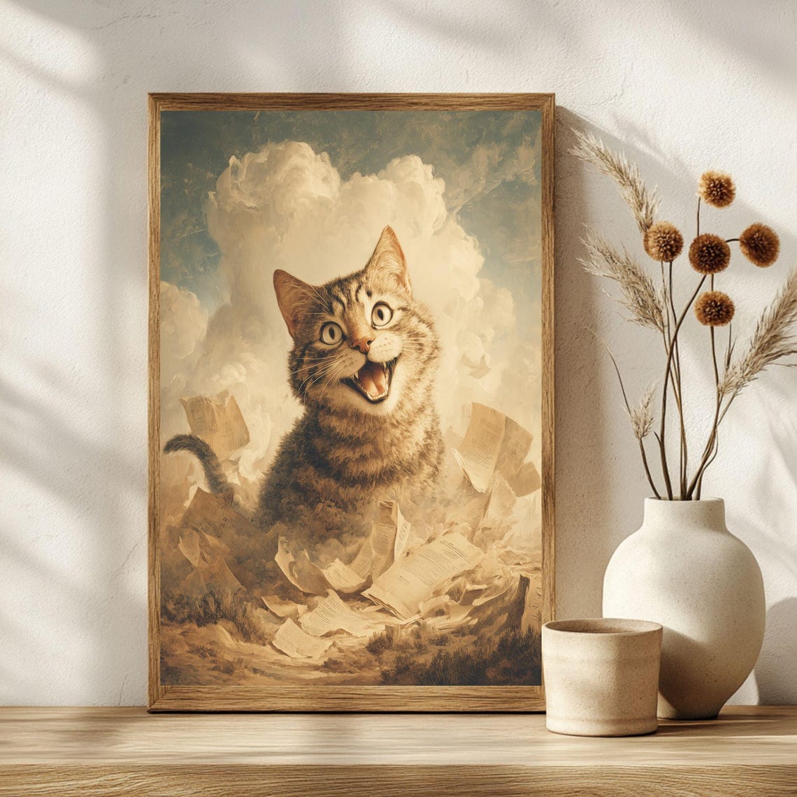 Smiling Dream Cat Floating Among Clouds Surreal Fantasy Art Poster