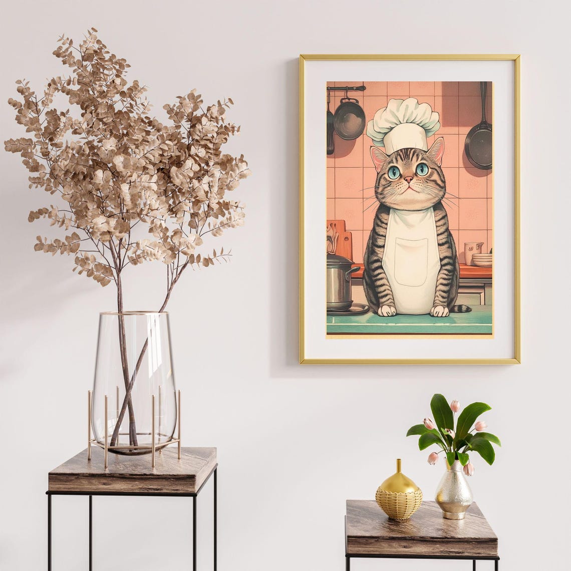 Tabby Cat Chef Wearing Tall Hat and Apron Kitchen Decor Poster - Image 3