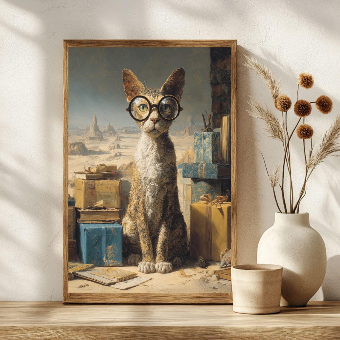 Surreal Cat Librarian in Round Glasses Desert Dreamscape Poster