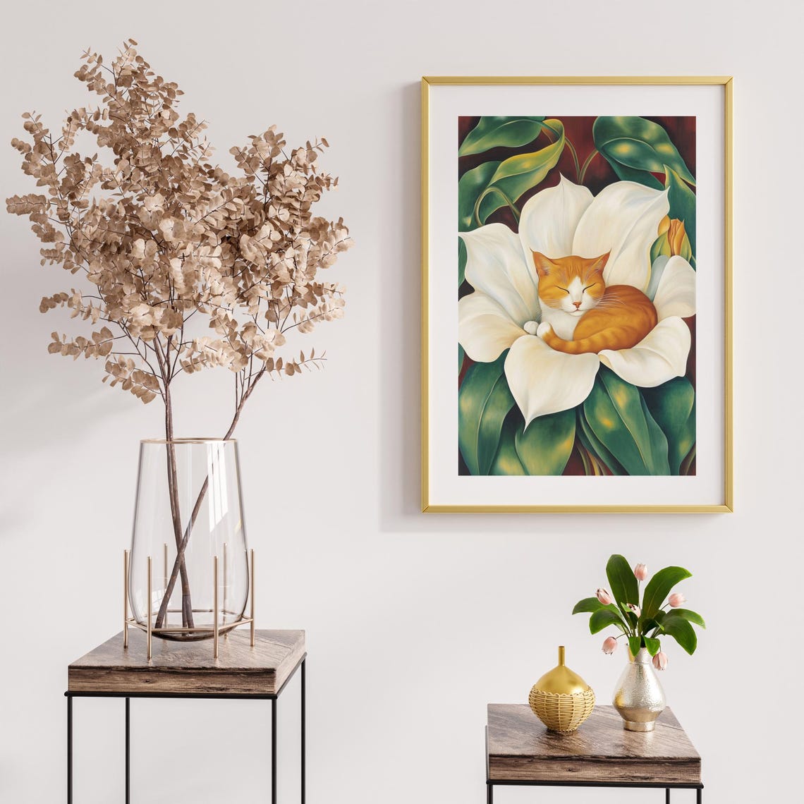 Ginger Cat Sleeping Inside Giant White Flower Floral Art Poster - Image 3