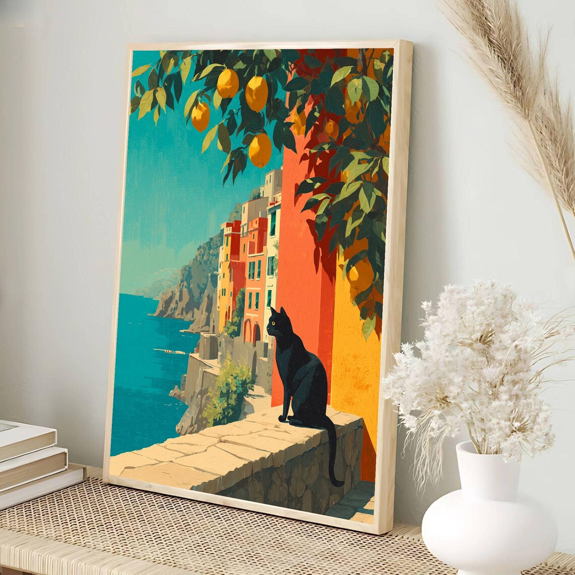 Amalfi Coast Black Cat Colorful Cliffside Village Sea View Poster - Image 3