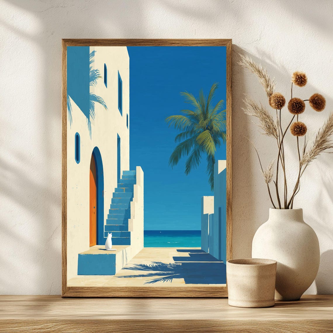 White Cat on Greek Island Steps Mediterranean Sea View Poster