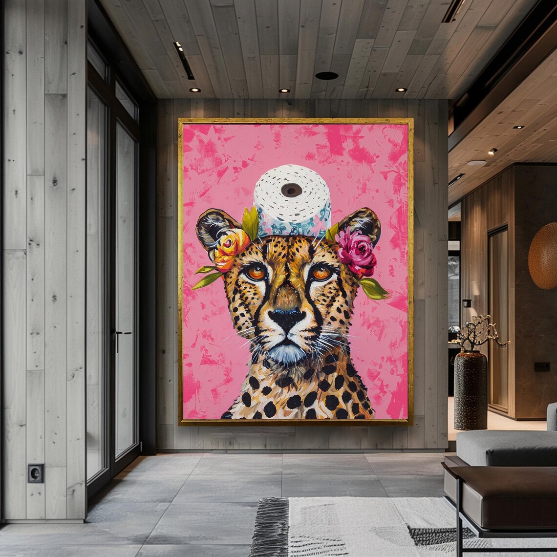 Cheetah Wearing Toilet Paper Hat Pink Whimsical Funny Bathroom Poster - Image 4