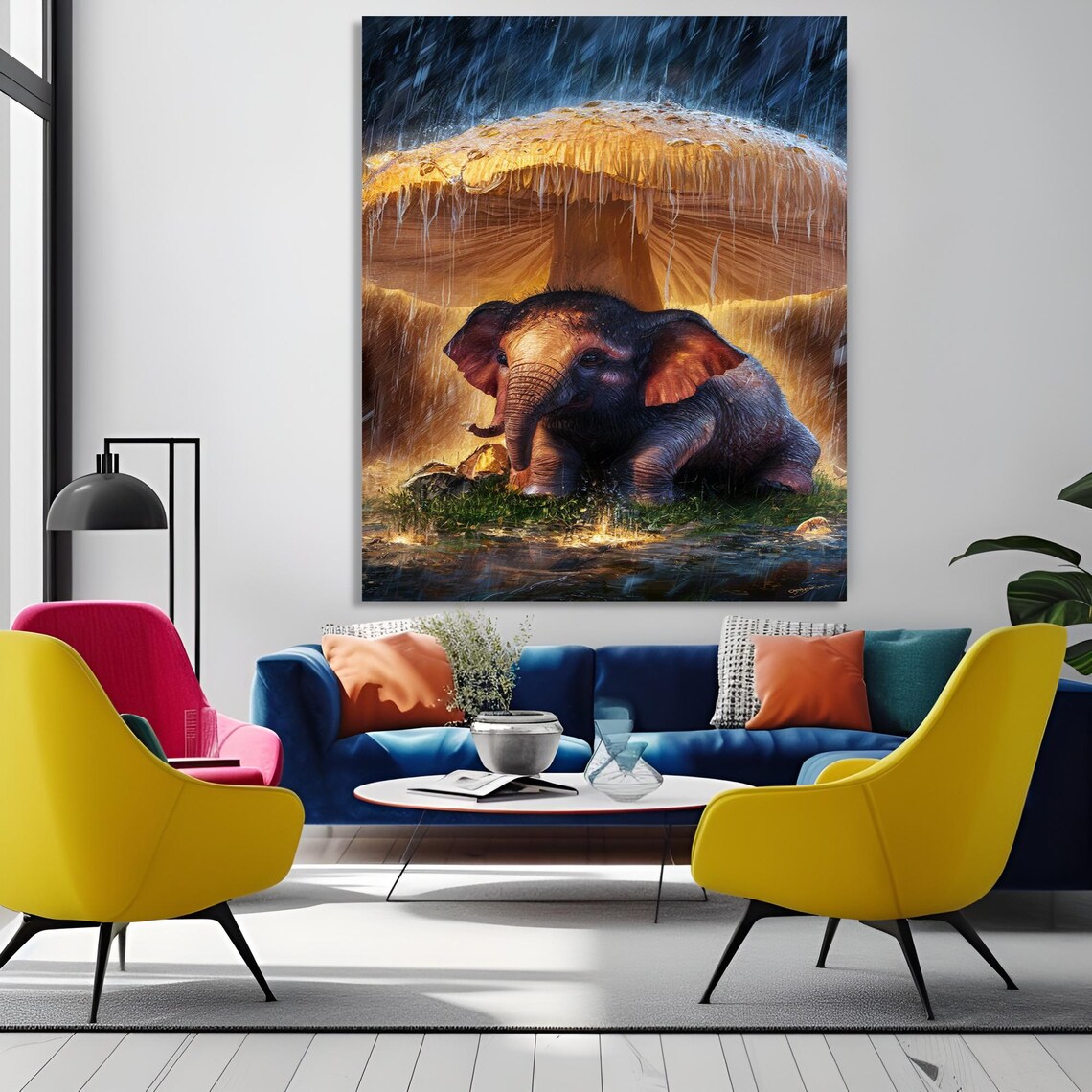 Baby Elephant Under Giant Mushroom Rain Whimsical Nursery Poster - Image 3