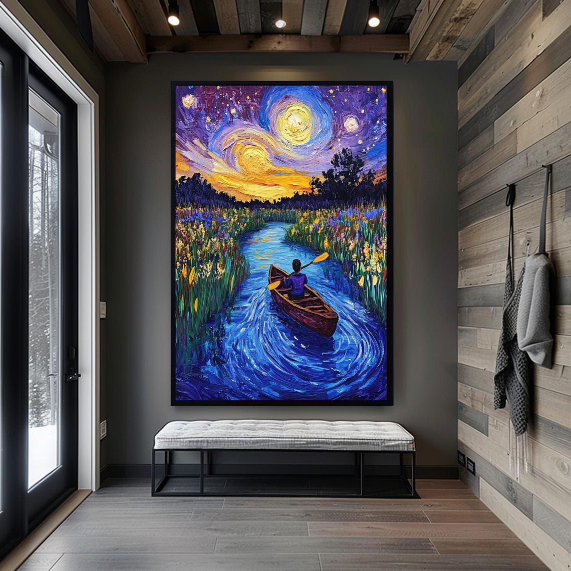 Wall Art Starry Night River Landscape With Canoe Vibrant Nature Painting Impressionist Artwork For Living Room Bedroom Or Office - Image 2