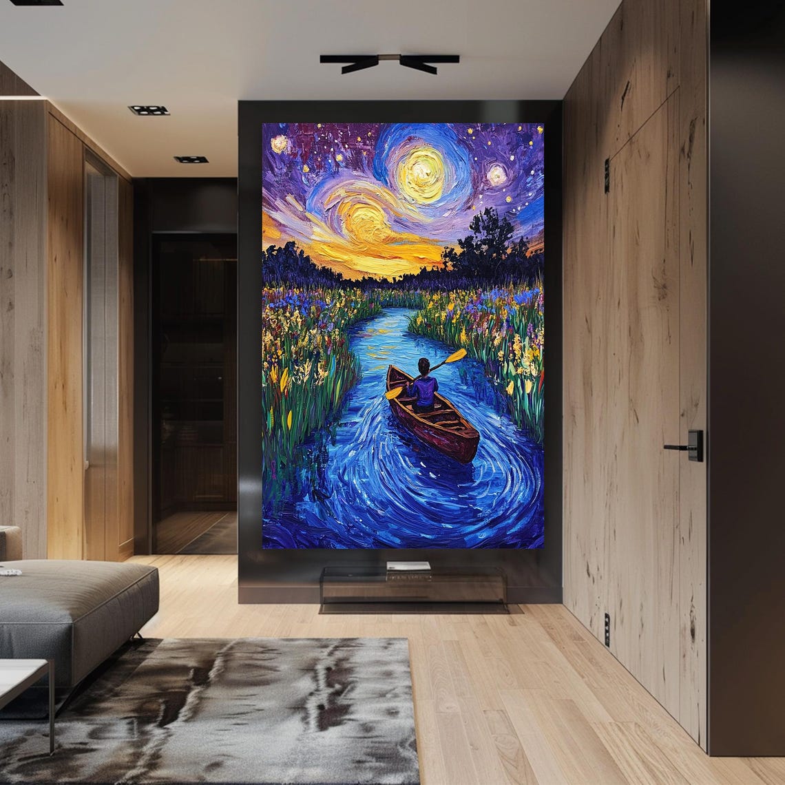 Wall Art Starry Night River Landscape With Canoe Vibrant Nature Painting Impressionist Artwork For Living Room Bedroom Or Office - Image 3
