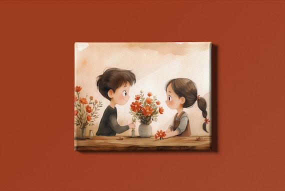 Boy Giving Flowers to Girl Sweet Watercolor Kids Illustration Wall Art