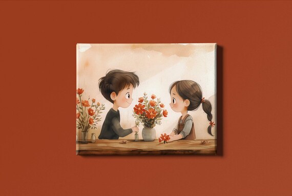 Young Boy And Girl Art Print Instant Two Kids Gazing At Each Other