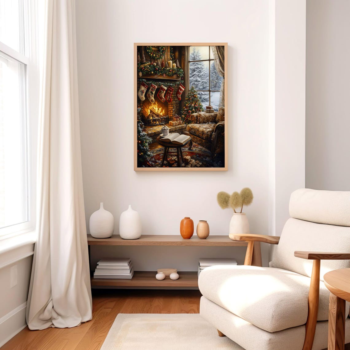 Christmas Eve Fireplace Stockings Snowy Window Book Lover Poster - Image 3