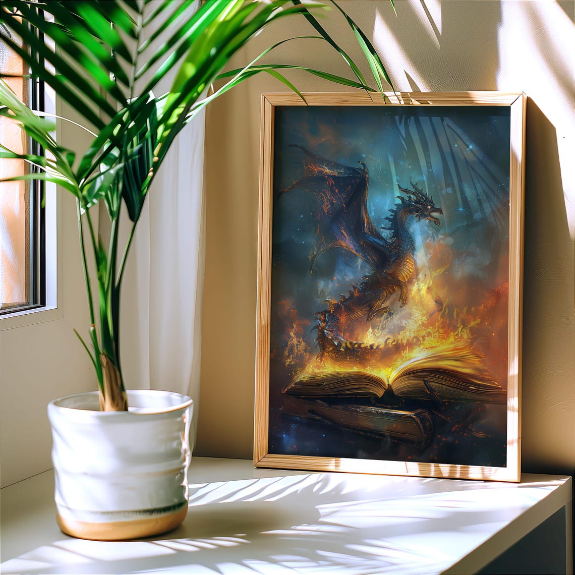 Fiery Dragon Rising From Burning Book Epic Fantasy Art Poster - Image 2