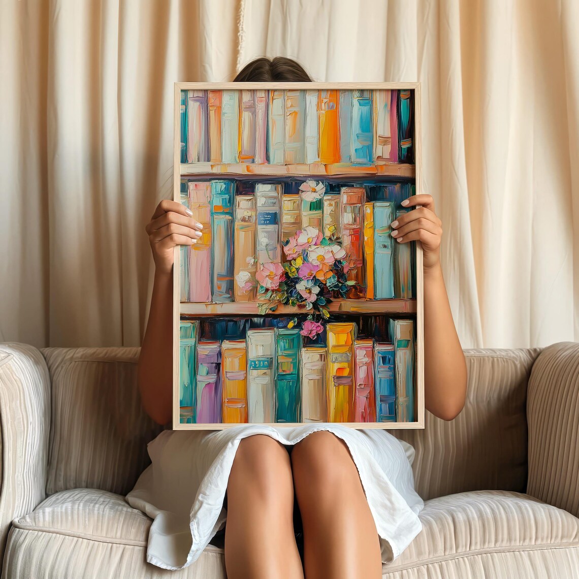 Colorful Book Shelf Art Print, Floral Library Decor - Image 4
