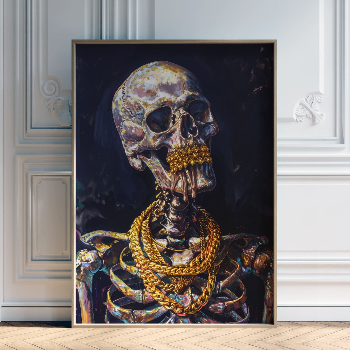 Colorful Painted Skeleton With Gold Chains Dark Fantasy Art Poster