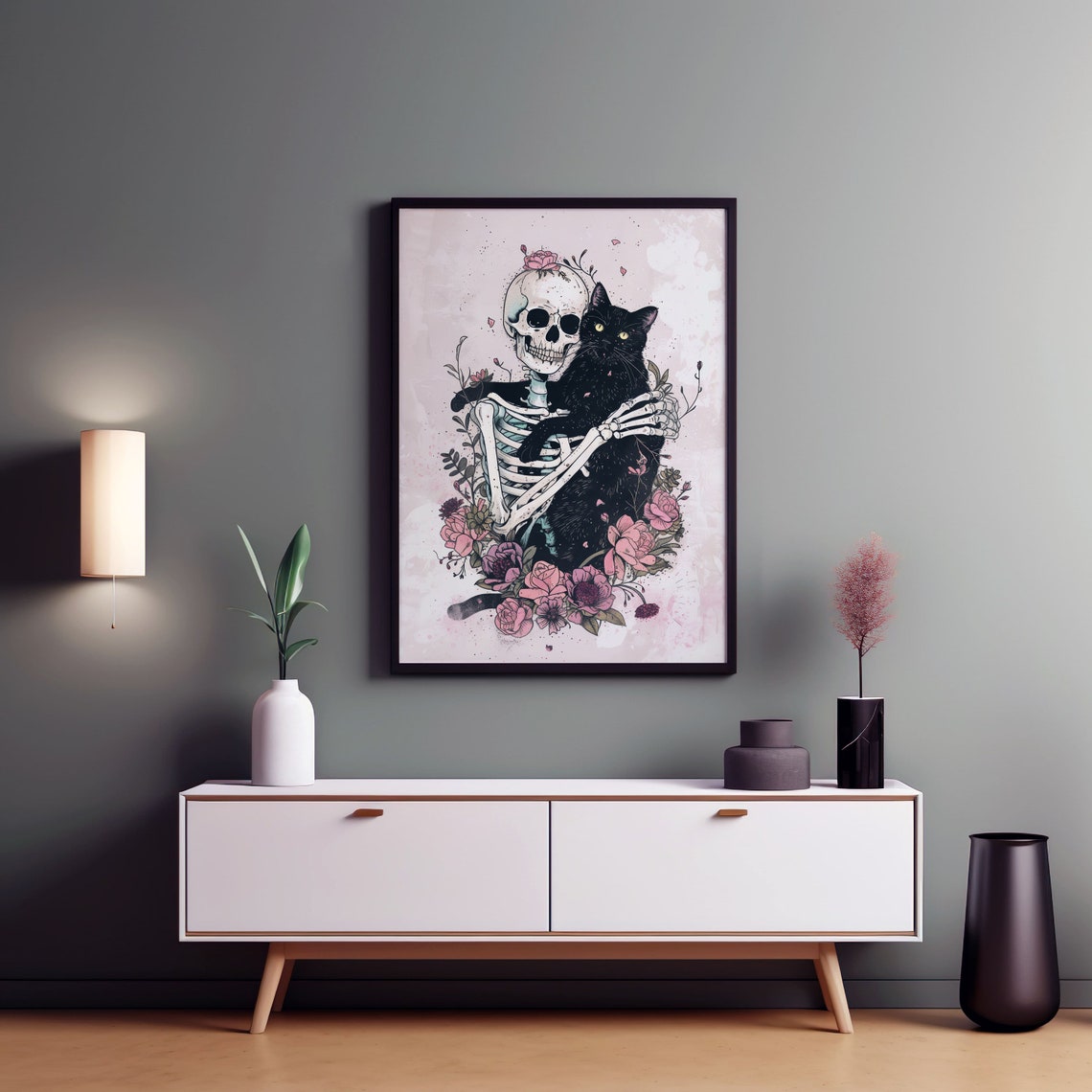Gothic Skeleton Hugging Black Cat Dark Floral Illustration Print - Image 5