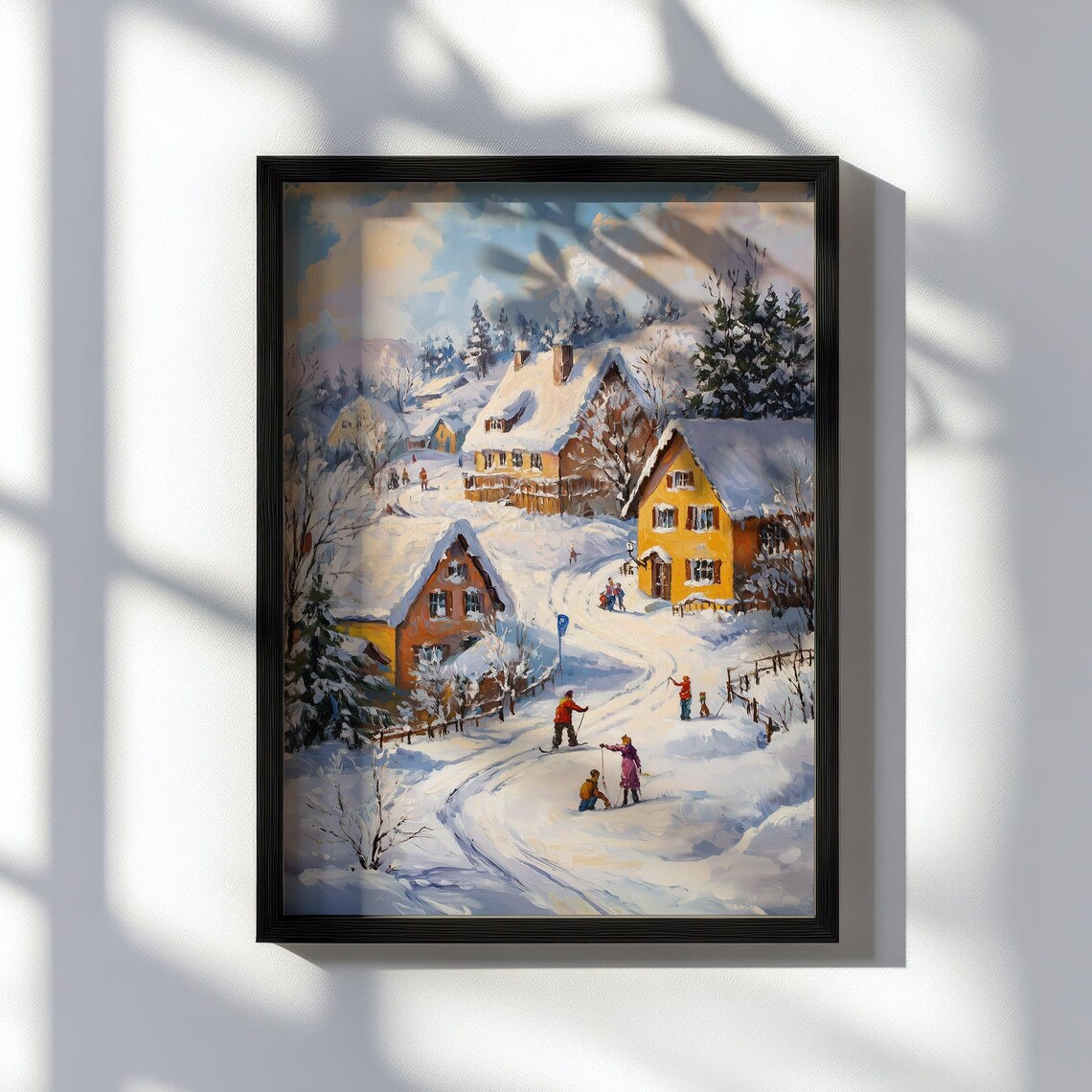 Snowy Village Cottages Winter Sledding Scene Oil Painting Poster - Image 4