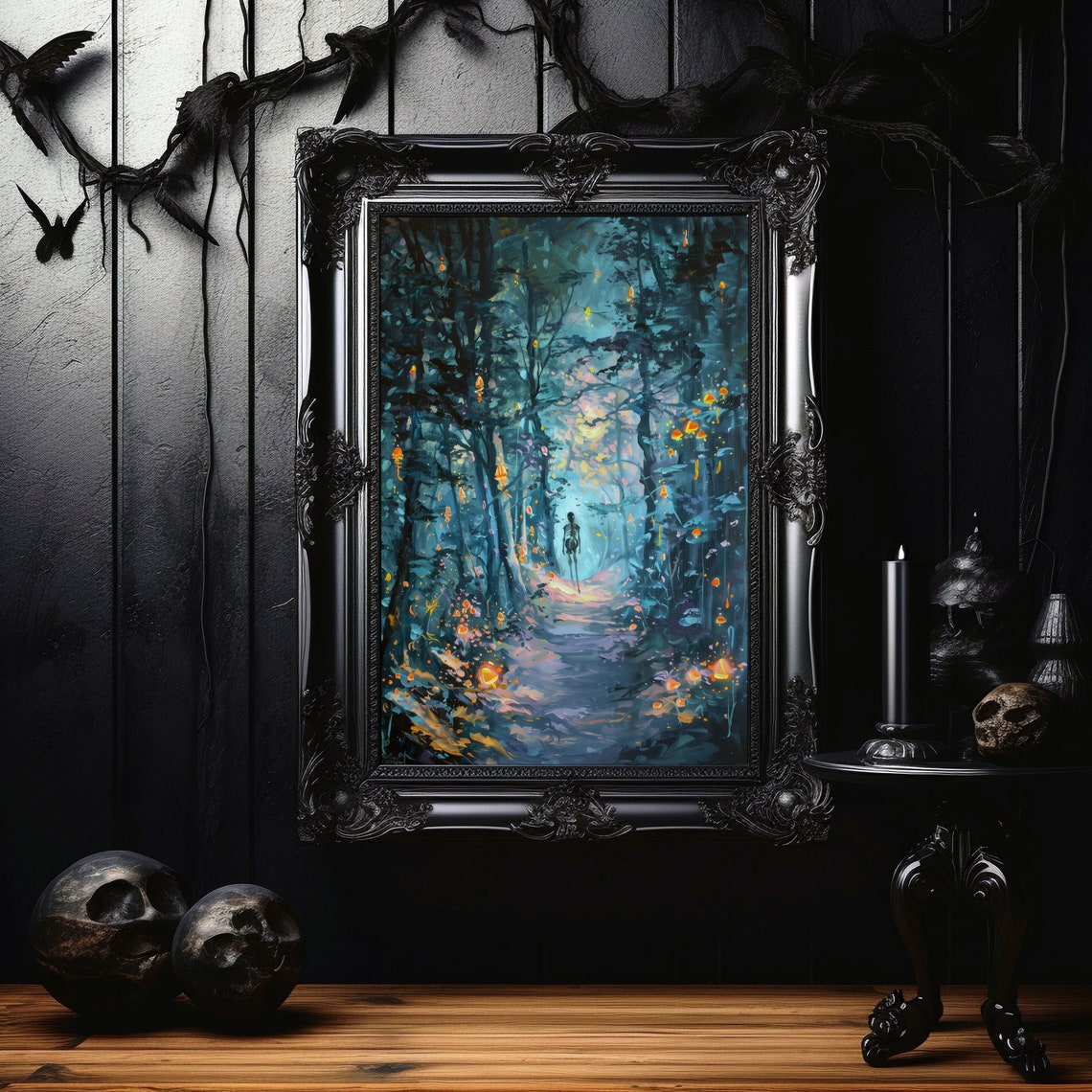 Skeleton in Glowing Blue Forest Night Halloween Painting Poster - Image 2