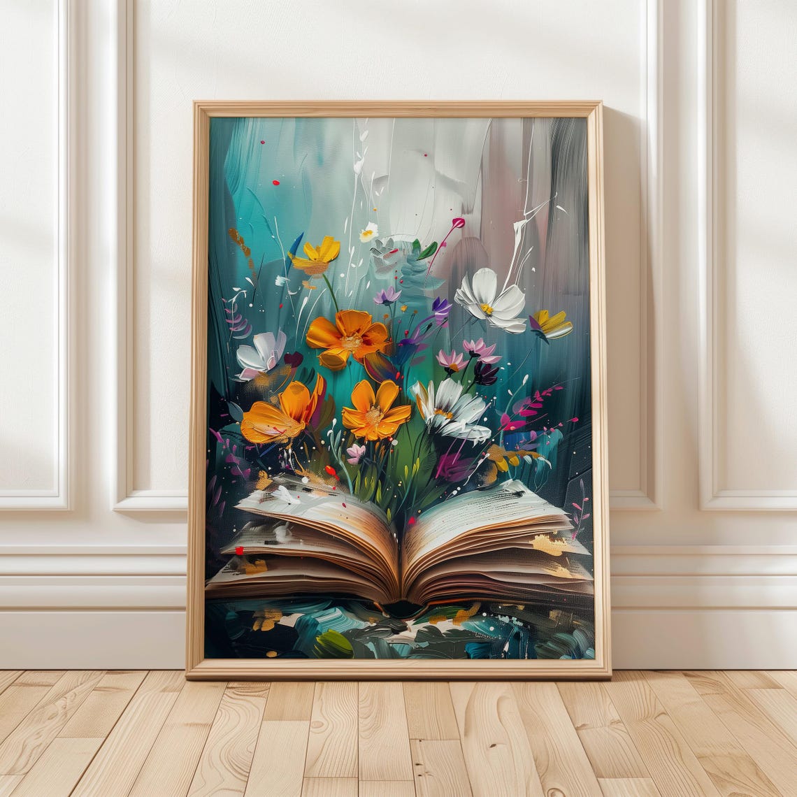 Wildflowers Blooming From Open Book Teal Floral Decor Art Poster
