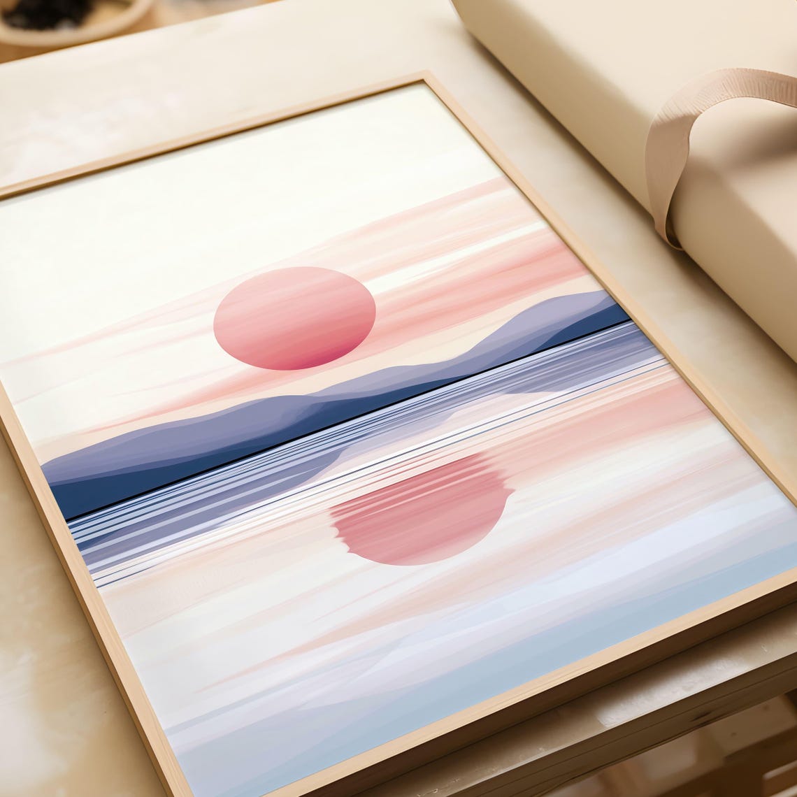 Pink Sunset Over Mountain Lake Modern Minimalist Landscape Poster - Image 5