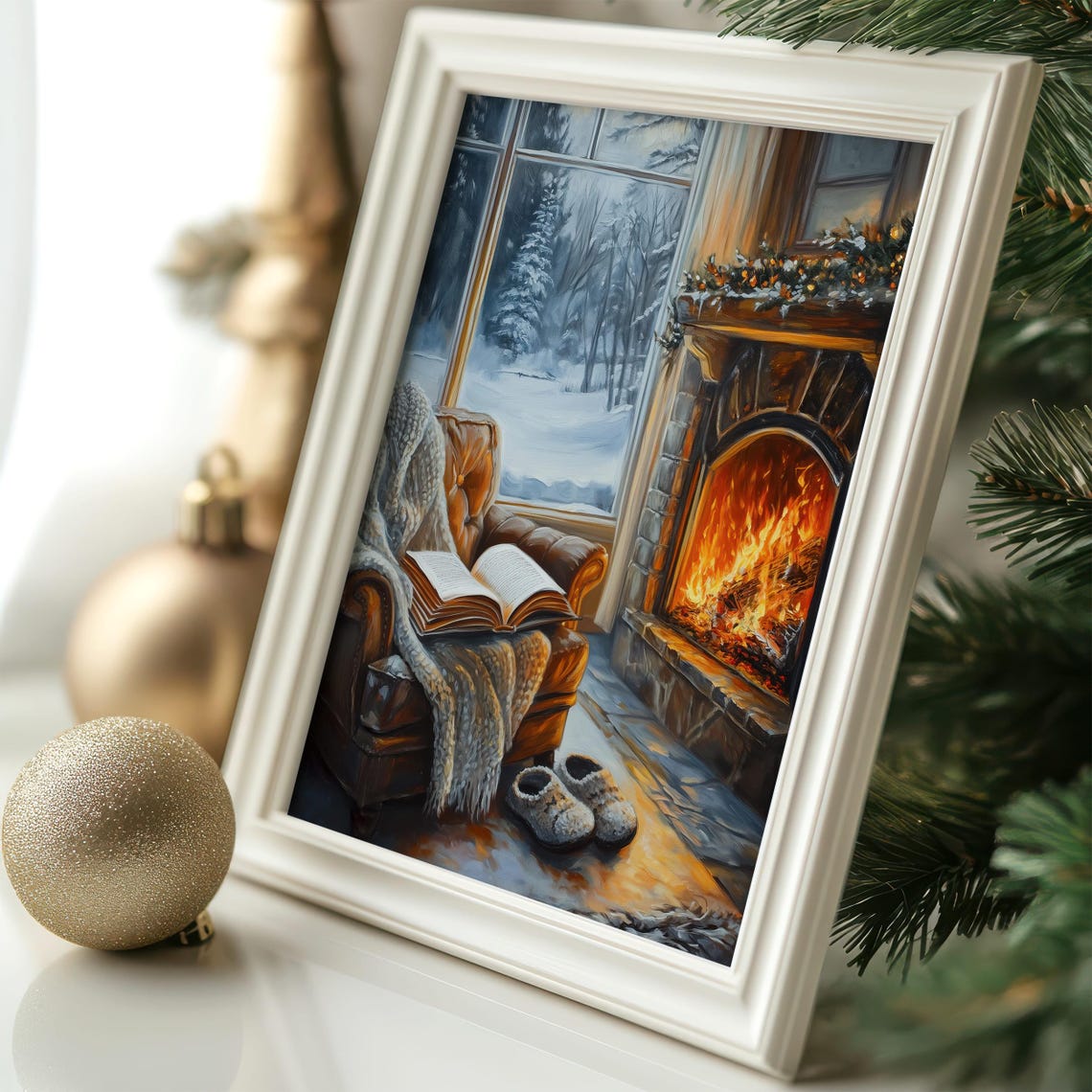 Cozy Reading Nook by Fireplace With Snowy Window View Poster - Image 7