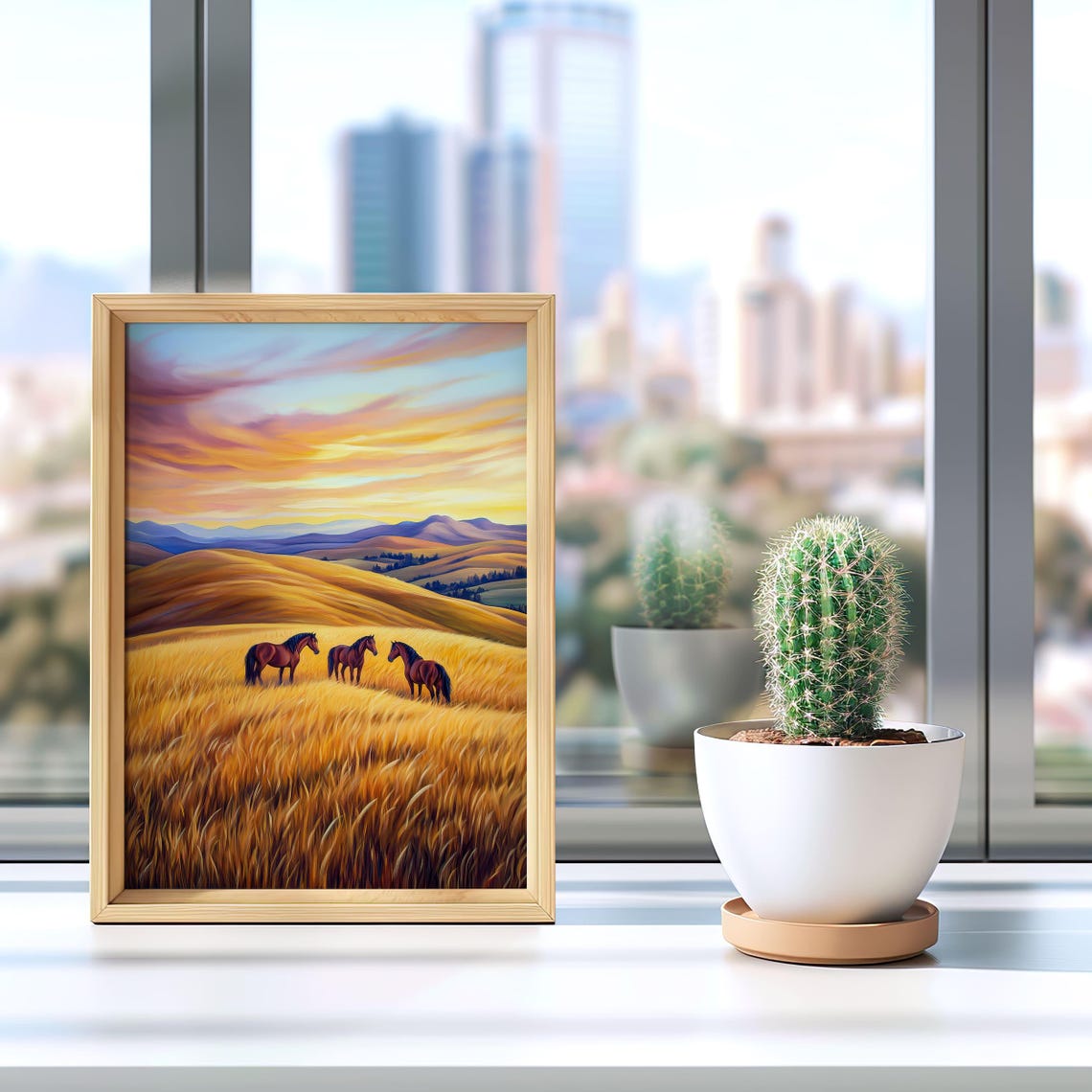 Three Wild Horses in Golden Sunset Prairie Wheat Field Poster - Image 4