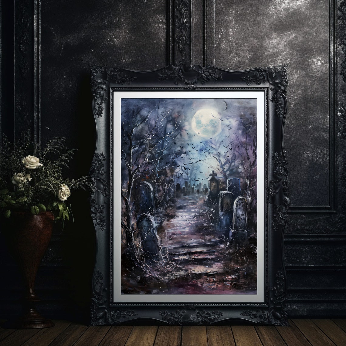 Haunted Cemetery Full Moon Bats Spooky Night Painting Art Poster - Image 5